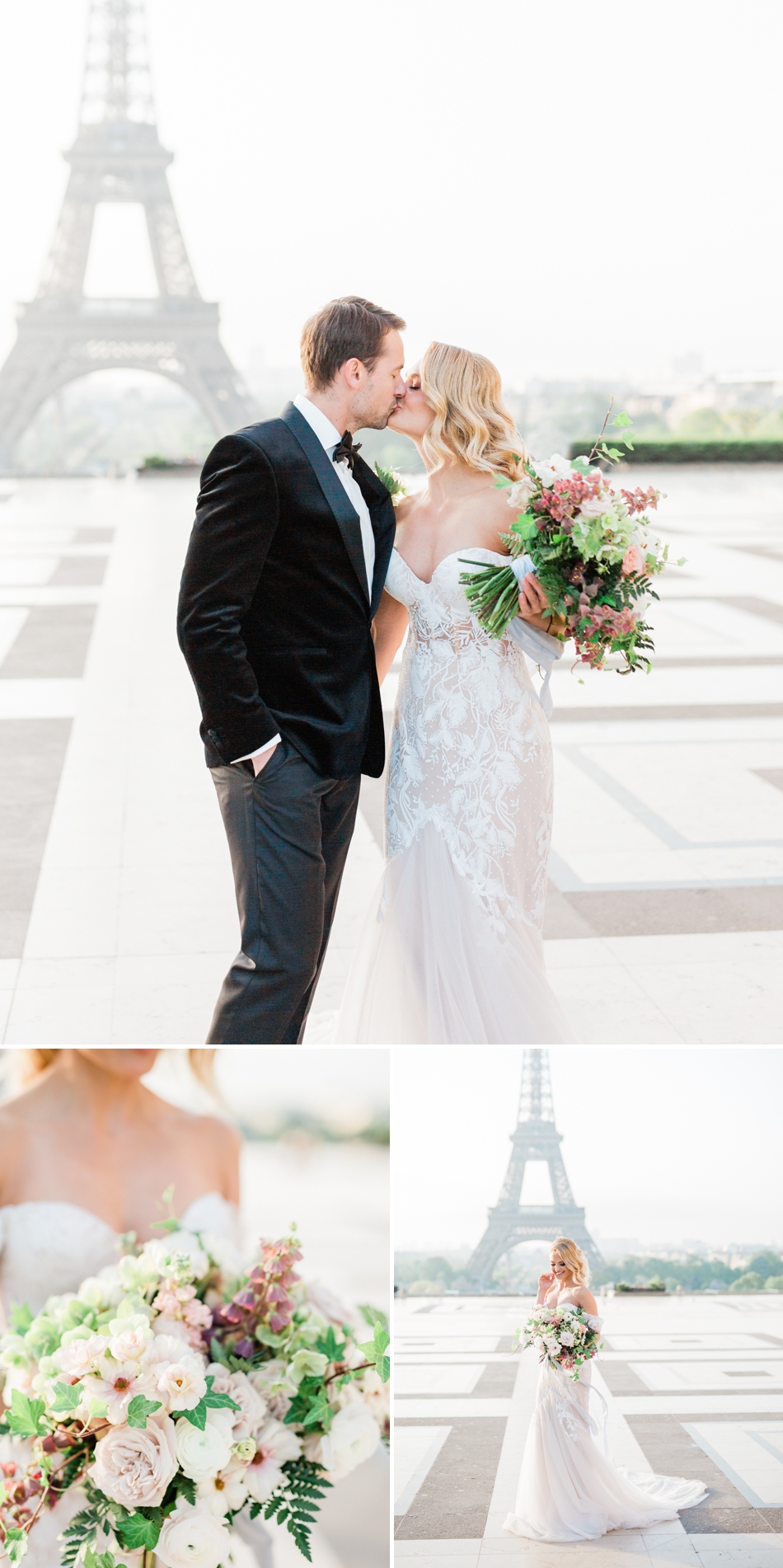 Photoshoot of bride and groom in front of the Eiffel Tower