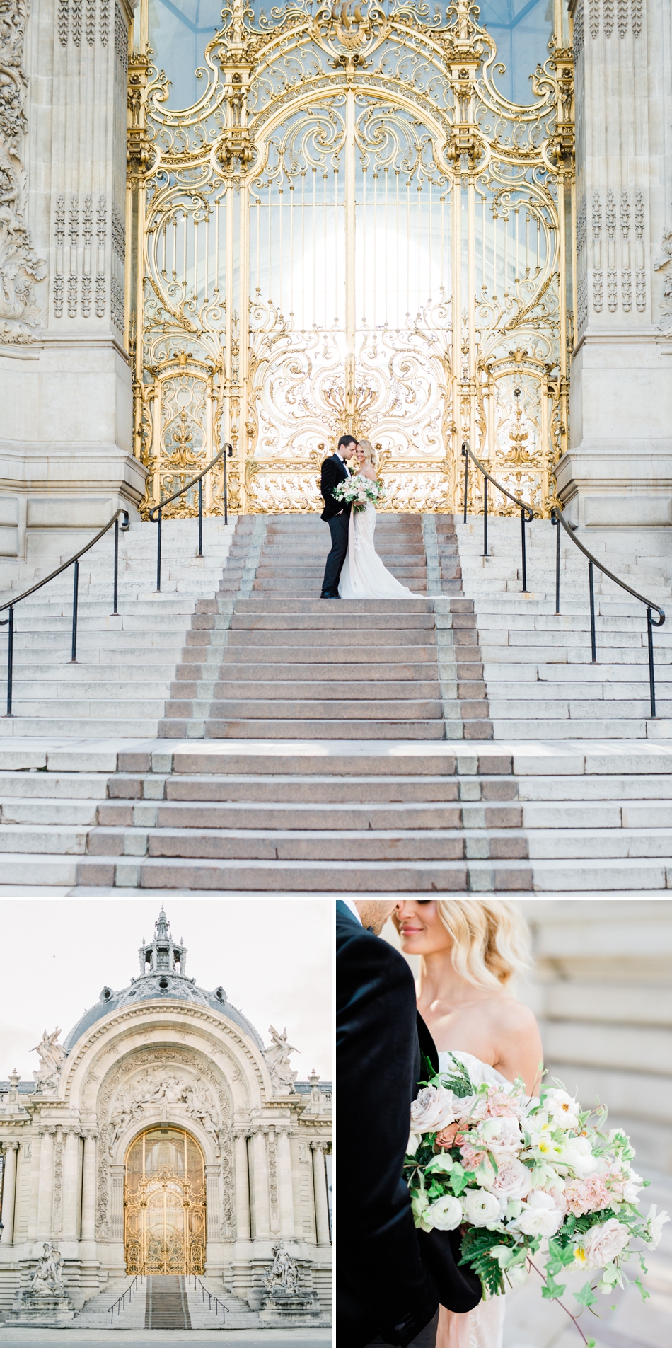 Photoshoot of bride and groom in front of Petit Palais in Paris